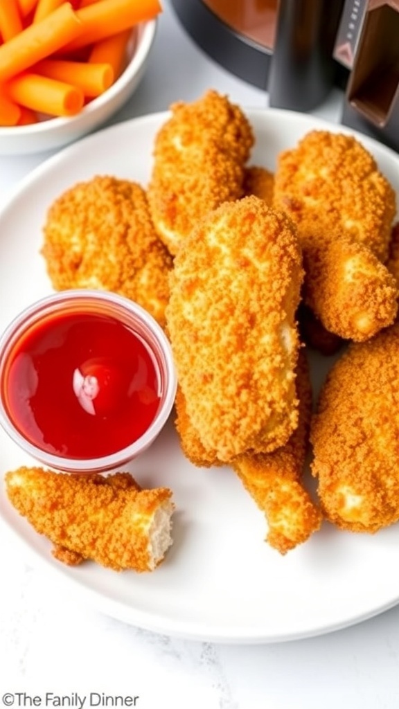 Crispy Air Fryer Chicken Tenders for Kids Crispy air fryer chicken tenders on a plate with ketchup and carrot sticks.